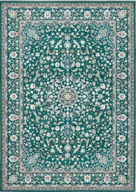 Eco-washable green rug medallion design with soft chenille, teal and cream floral paisley and non-slip tpr cotton backing