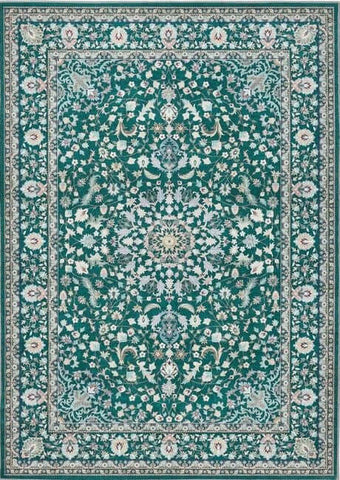 Eco-washable green rug medallion design with soft chenille, teal and cream floral paisley and non-slip tpr cotton backing