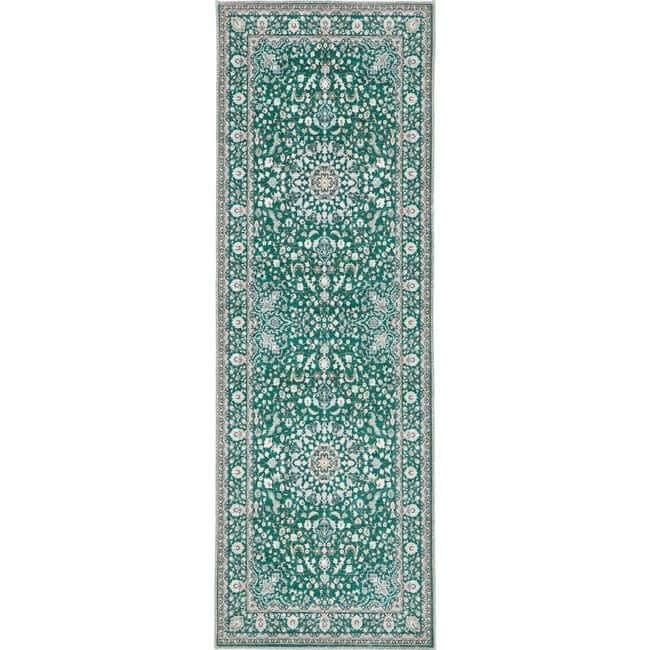Emerald green eco-washable rug with medallion design soft chenille surface and non-slip tpr backing