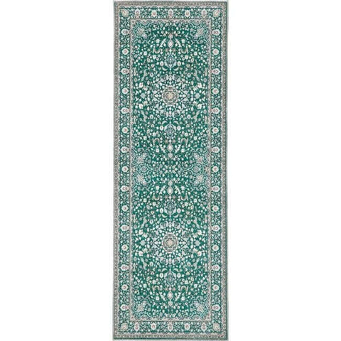 Emerald green eco-washable rug with medallion design soft chenille surface and non-slip tpr backing