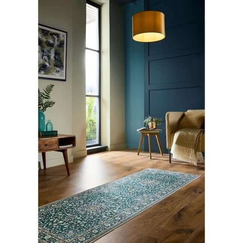 Eco-washable green rug medallion design in teal and white soft chenille with non-slip tpr and cotton backing runner rug