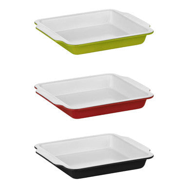 Three rectangular ceramic baking dishes with white interiors and colored exteriors including the ecocook black baking dish with handles