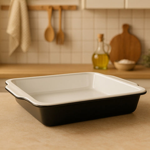 Black and white enamel ecocook black baking dish with handles and rounded corners for easy baking use