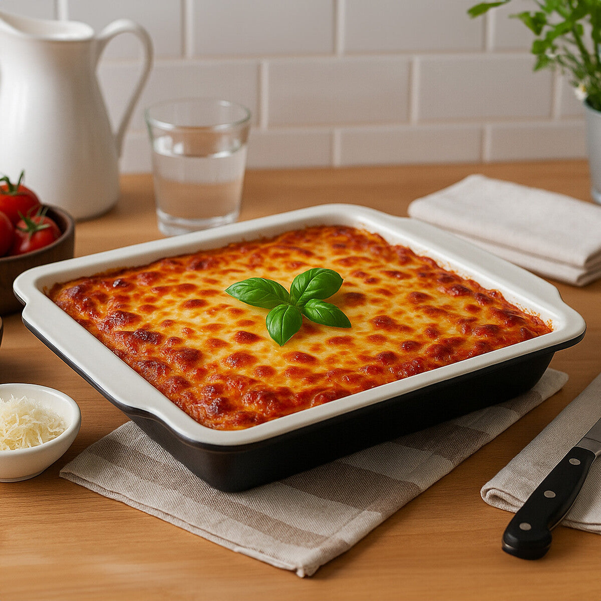 Golden brown lasagna in a white and black ceramic ecocook black baking dish with handles garnished with basil leaves