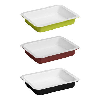 Three glossy rectangular roasting dishes with white interiors in lime green burgundy and black including the black rectangular roasting dish