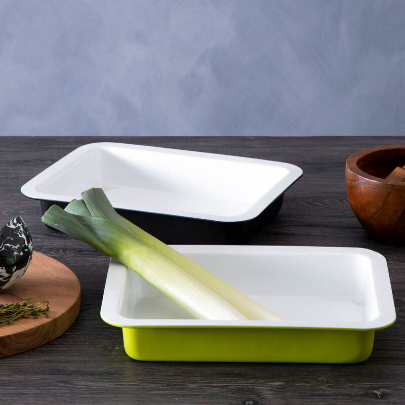 Vibrant lime green enamel rectangular roasting dish with white interior and rounded corners, ecocook black rectangular roasting style