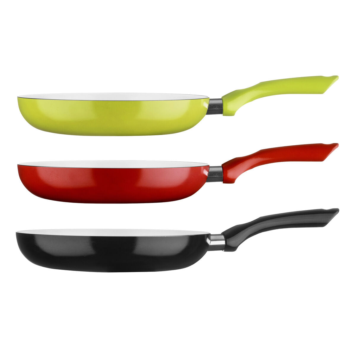 Set of three colorful ecocook frypan 26cm with comfortable lime green red and black handles non-stick pans