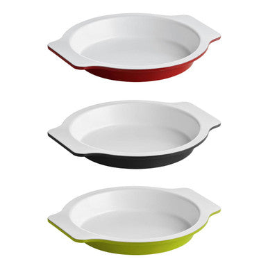 Set of three ecocook lime green ceramic pie dishes with white interiors and handles for easy baking and serving