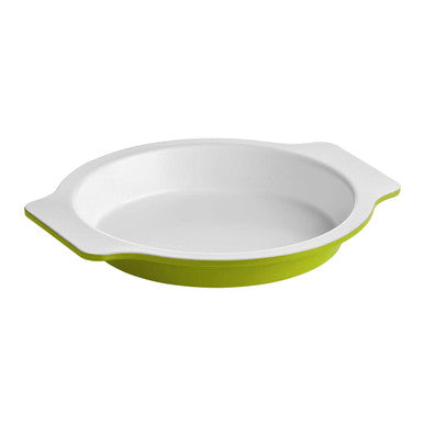A white ceramic ecocook lime green round cake tin with a vibrant lime green rim and two handles for easy baking