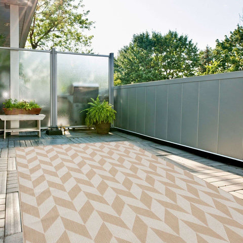 Beige and cream geometric patterned ecology outdoor rug with woven texture perfect for outdoor rug beige settings