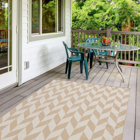 Beige and cream geometric-patterned ecology outdoor rug with woven texture perfect for outdoor use outdoor rug beige