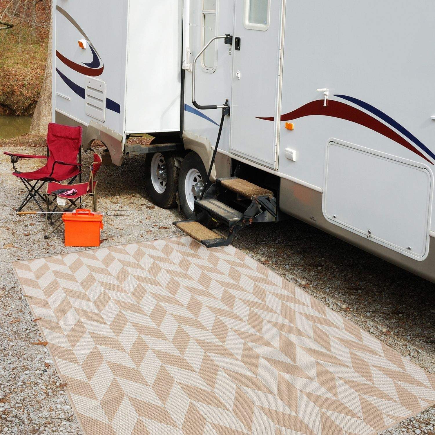 Beige and cream geometric patterned ecology outdoor rug with woven texture perfect for outdoor spaces