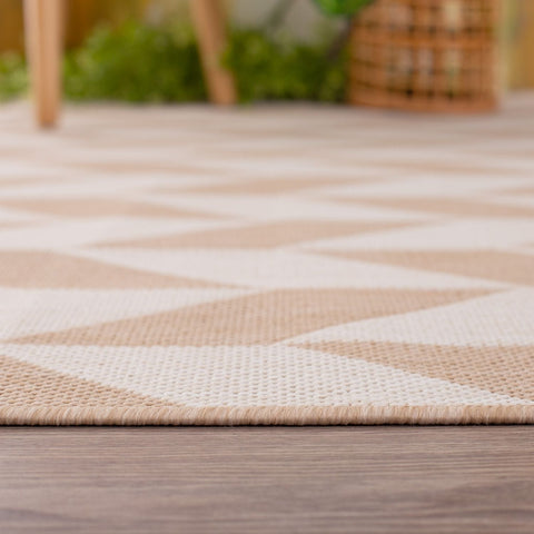 Beige and white geometric patterned ecology outdoor rug with woven texture perfect as an outdoor rug beige option