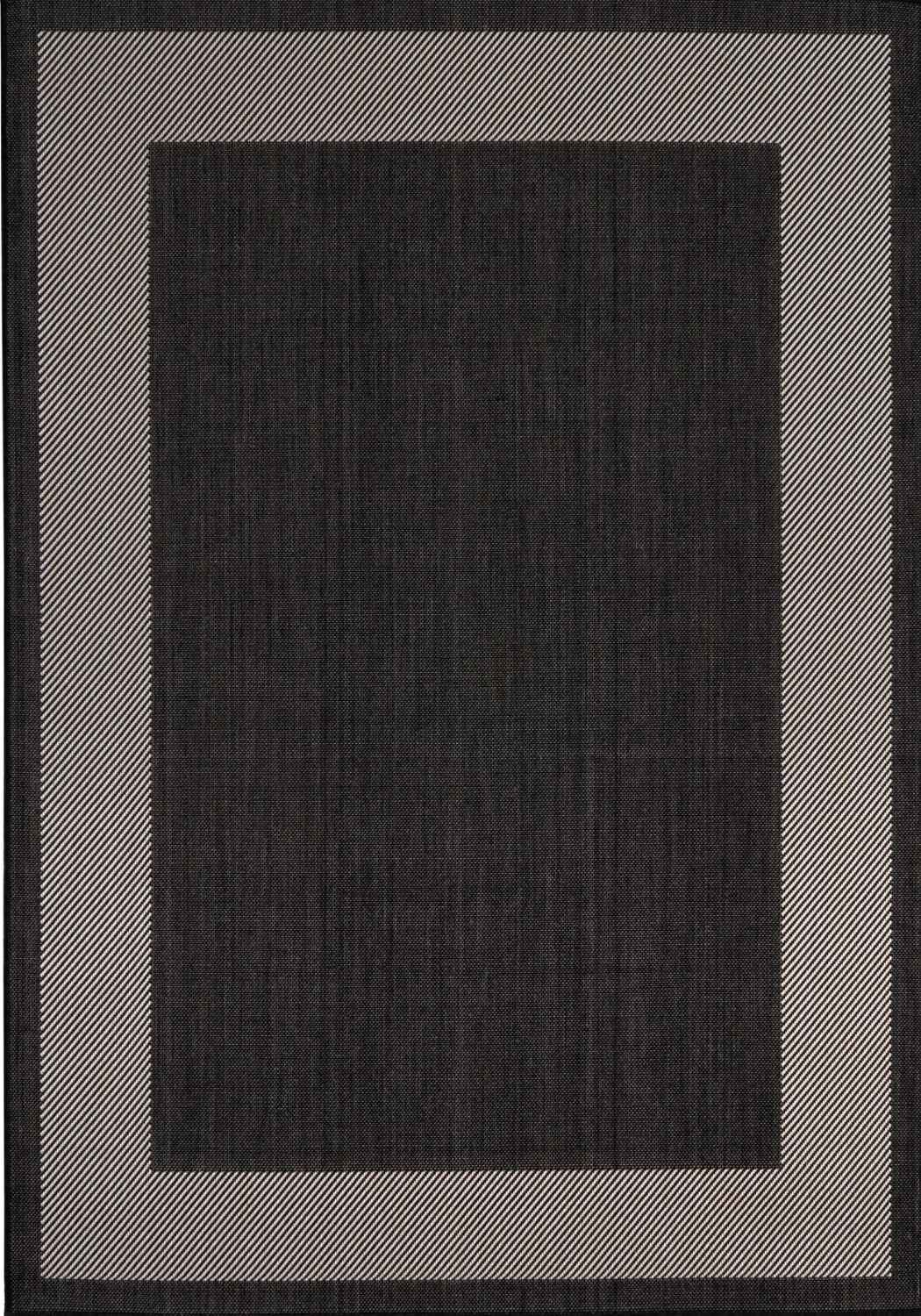 Dark gray ecology outdoor rug black with textured weave and light gray diagonal striped border for outdoor use