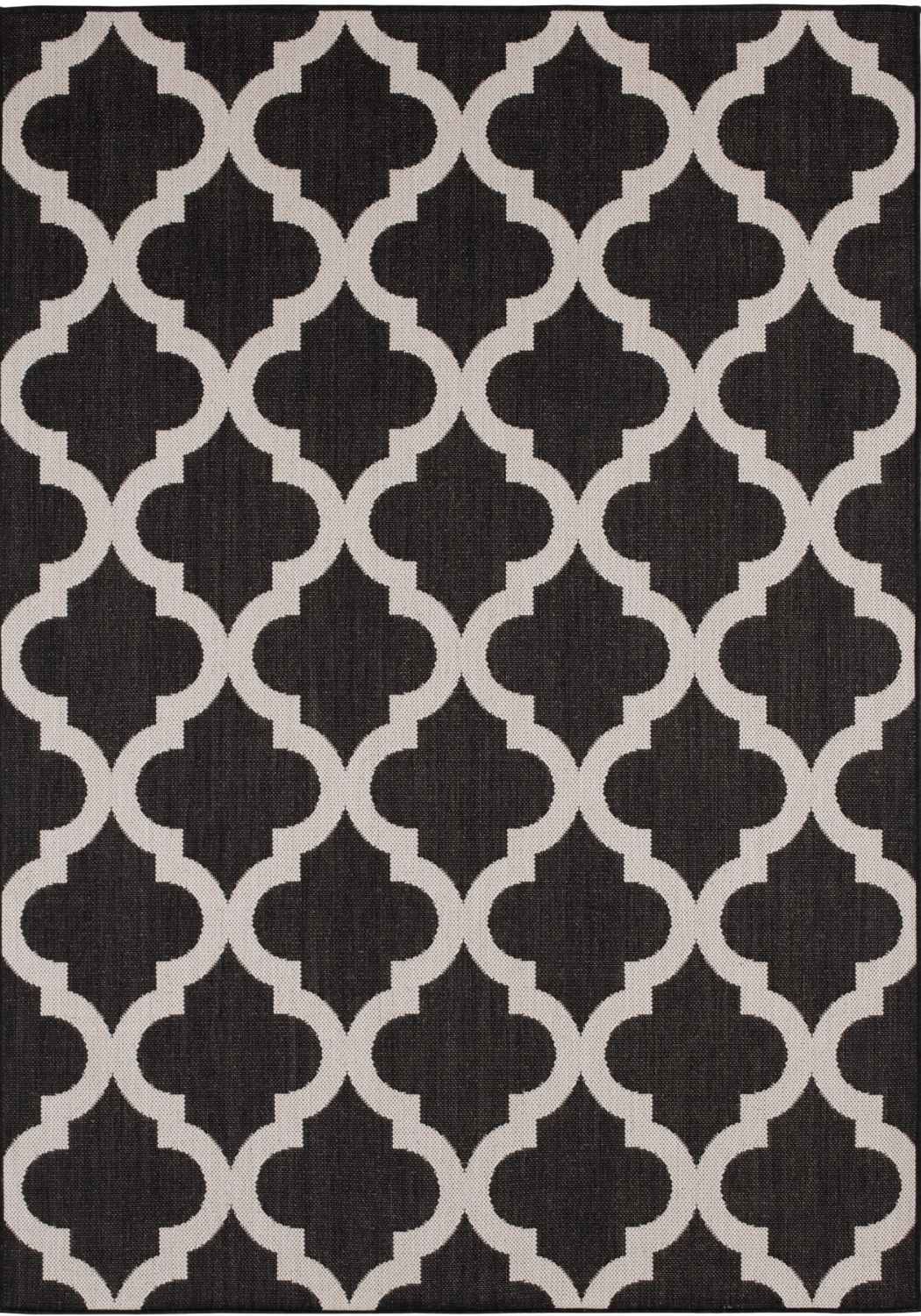 Black and cream geometric ecology outdoor rug with repeating quatrefoil design perfect as outdoor rug black