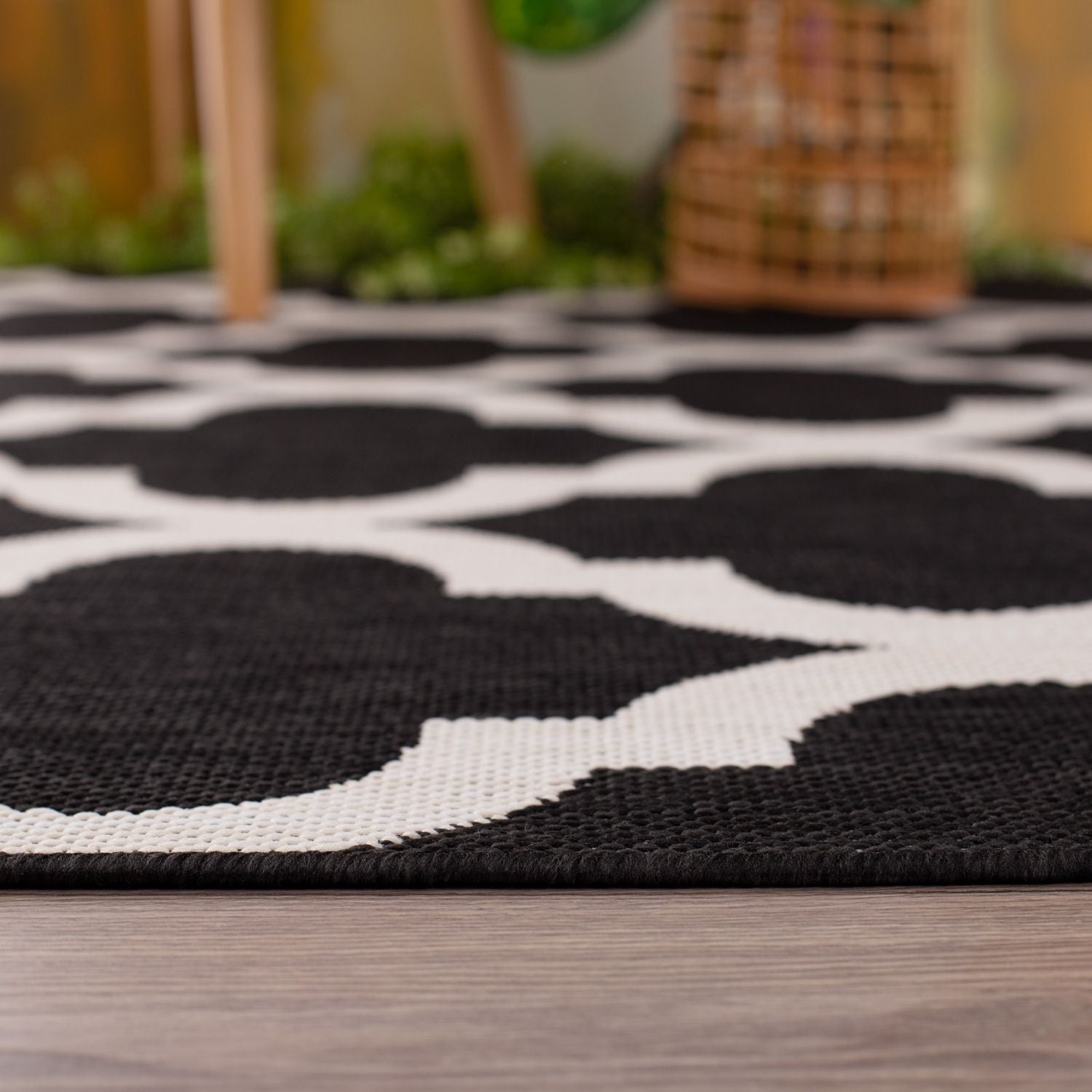 Black and white ecology outdoor rug black with geometric pattern and woven texture perfect for outdoor use