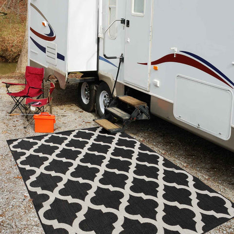 Black and white geometric patterned ecology outdoor rug black perfect for stylish outdoor spaces