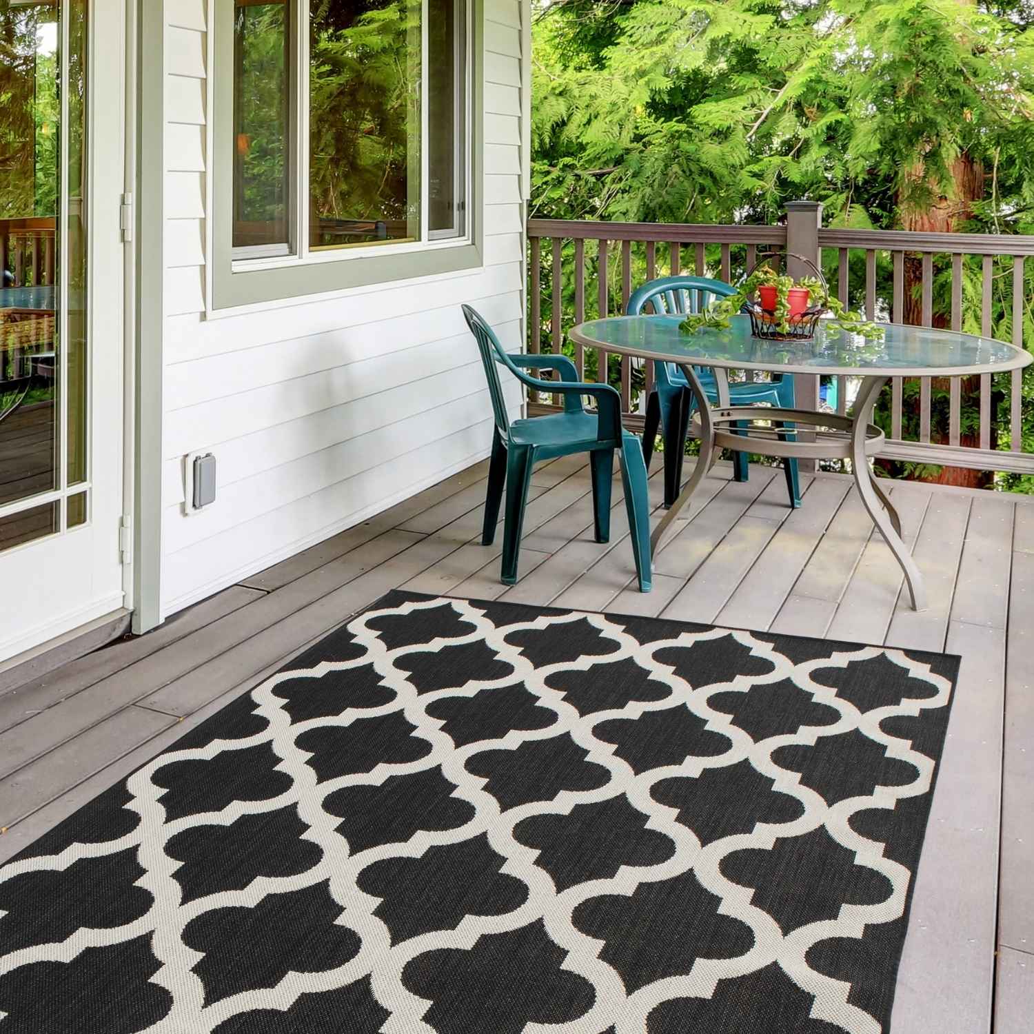 Black and white geometric patterned ecology outdoor rug black perfect for stylish outdoor spaces
