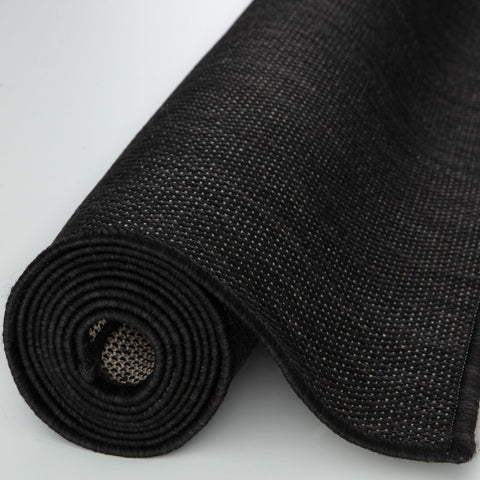Black textured ecology outdoor rug with woven fabric surface and reinforced edges perfect outdoor rug black option