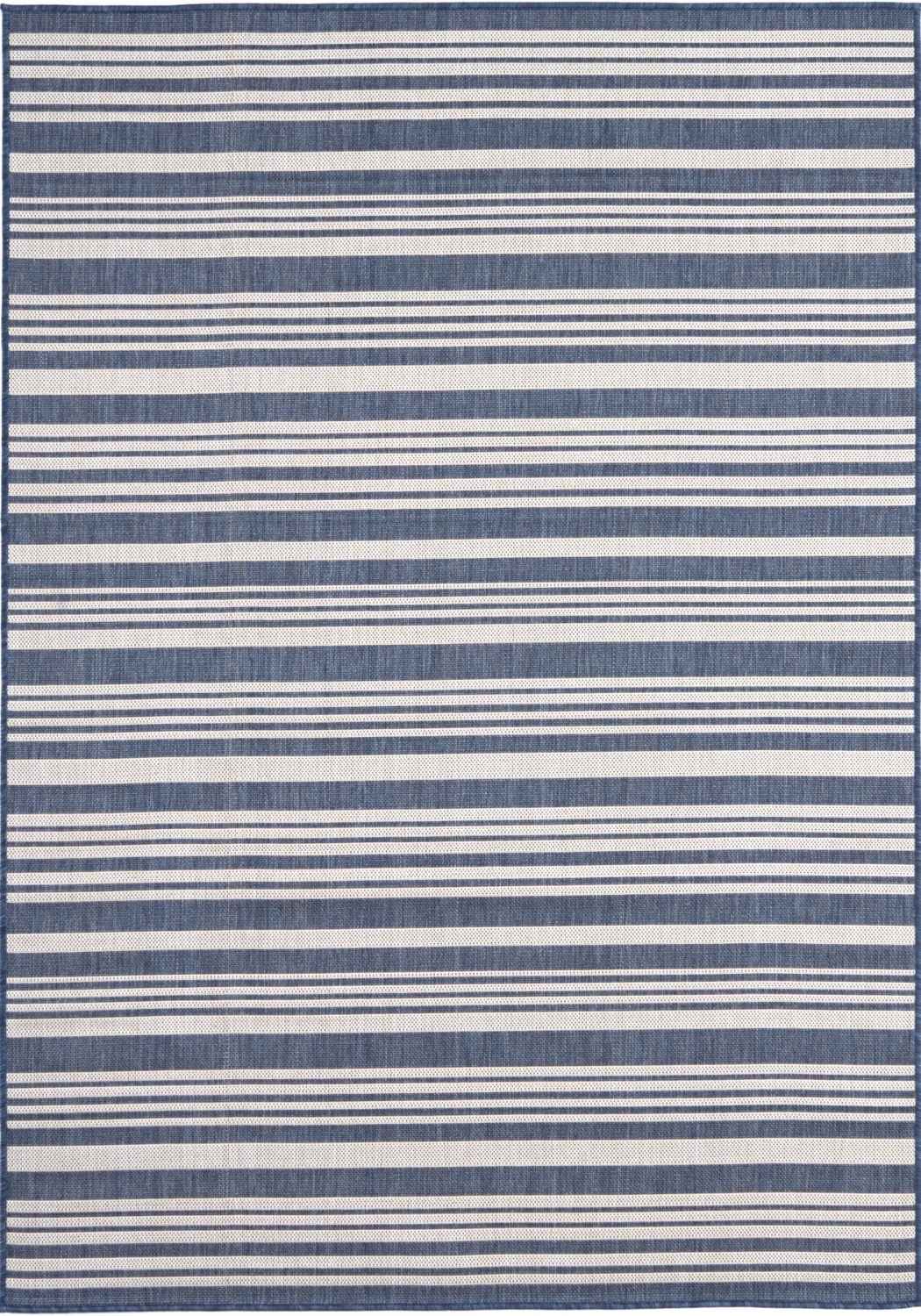 Blue and white striped ecology outdoor rug with woven texture perfect as an outdoor rug blue option