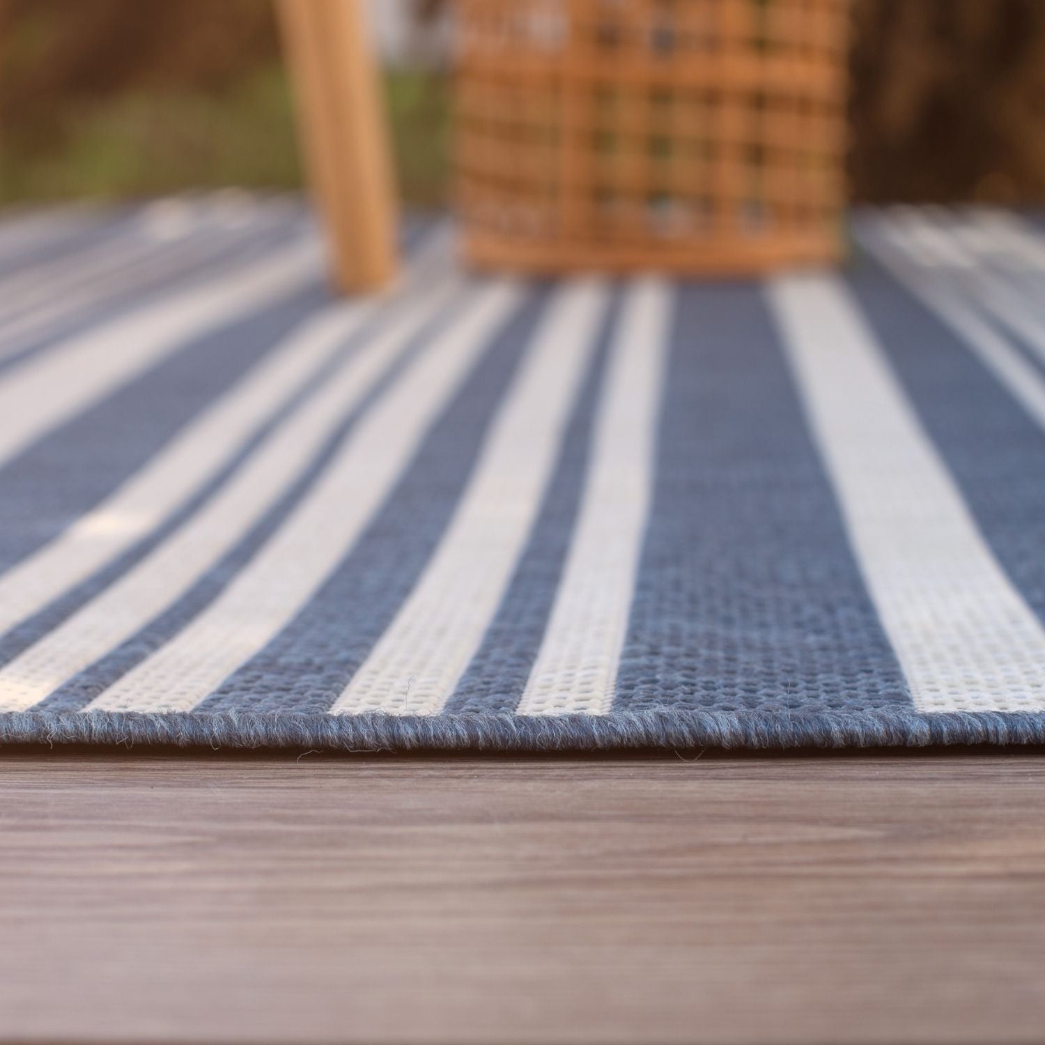 Ecology outdoor rug blue with woven texture and blue and white stripes perfect for outdoor use