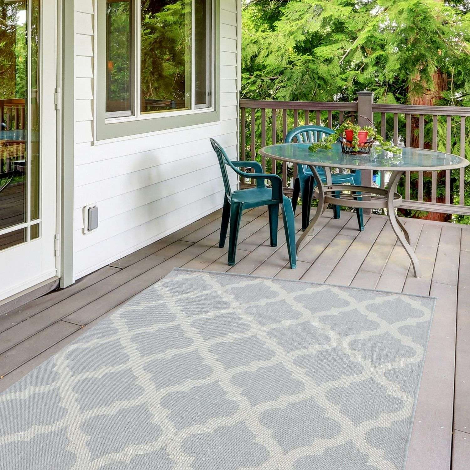 Gray and white geometric patterned ecology outdoor rug grey made from durable 400g material for outdoor use