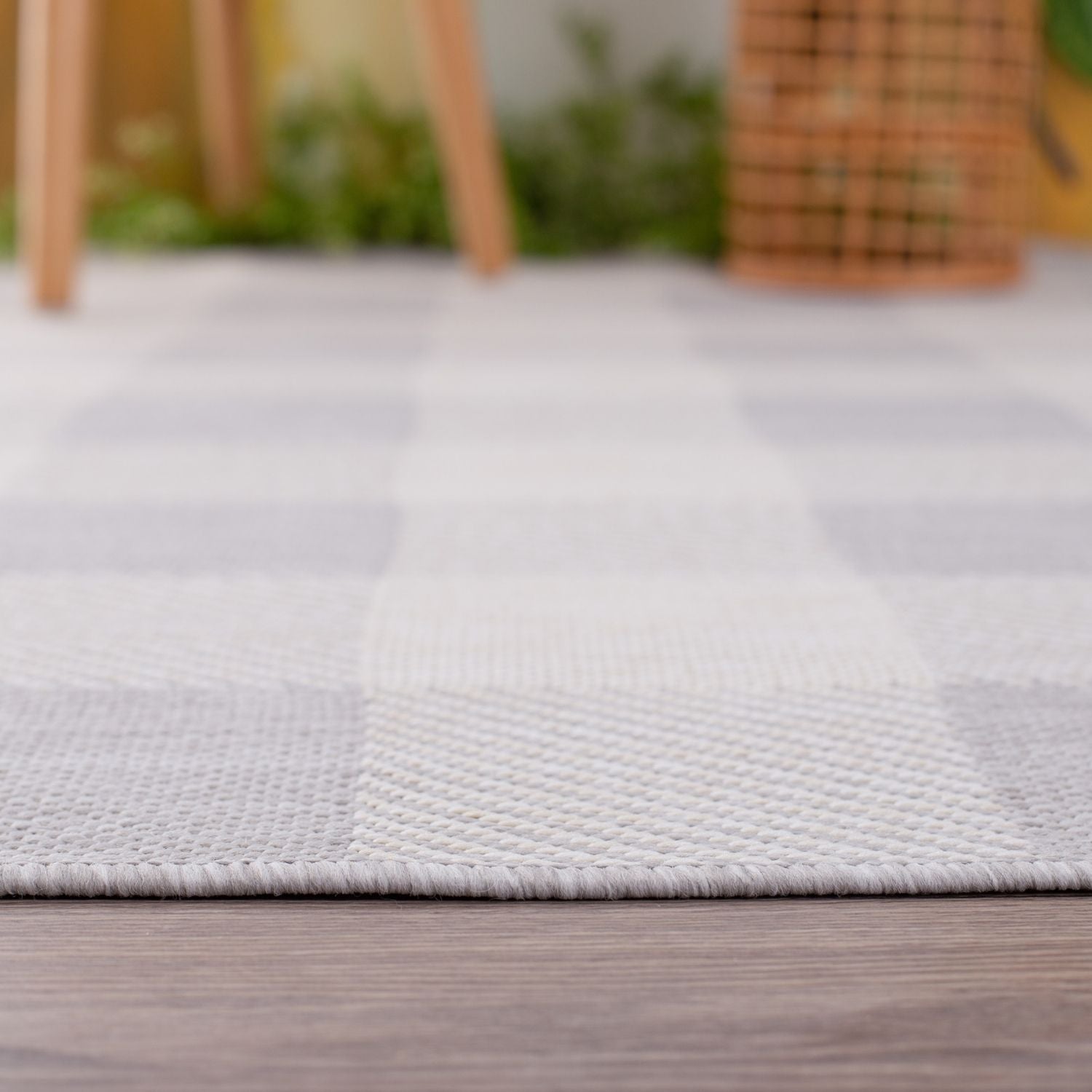 Ecology outdoor rug grey with white and light gray checkered woven texture perfect for outdoor use