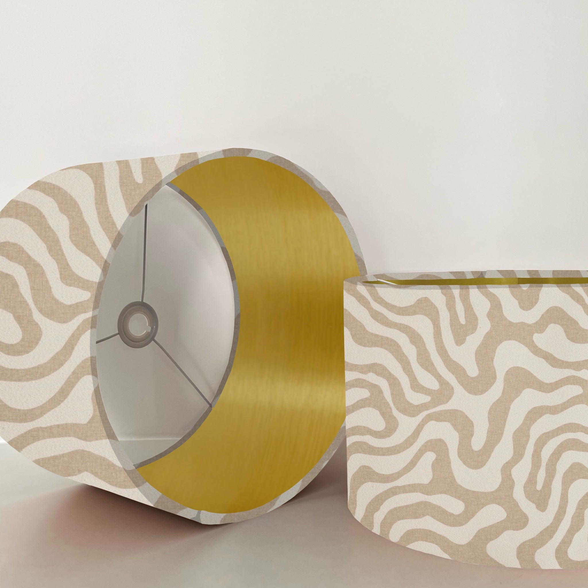 Ecru wiggle drum lampshade with beige and white zebra stripes and metallic brushed gold interior lining for ceiling use