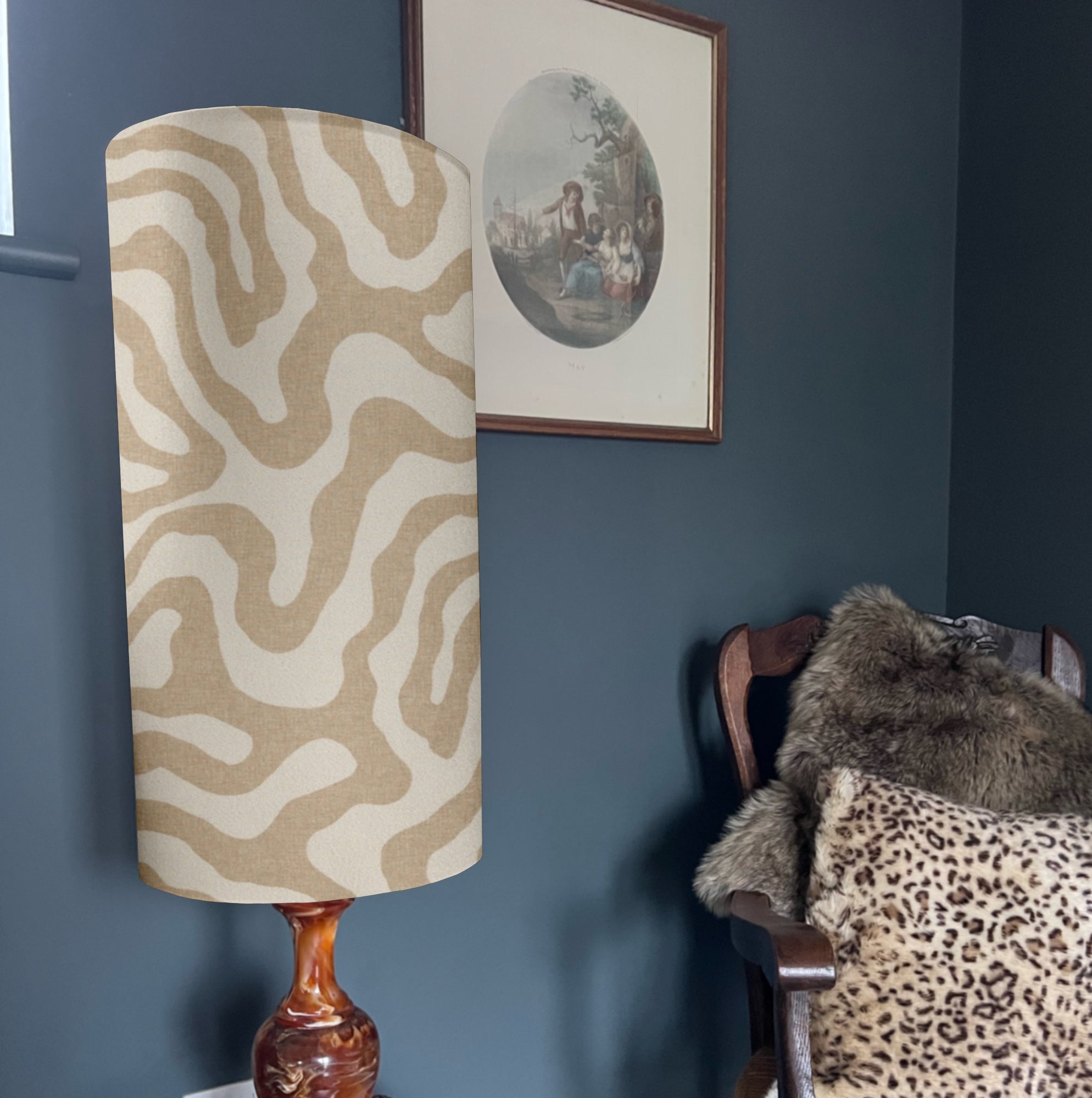 Ecru wiggle extra tall zebra striped lampshade in beige and cream with glossy amber base and 3-4cm fitting sits