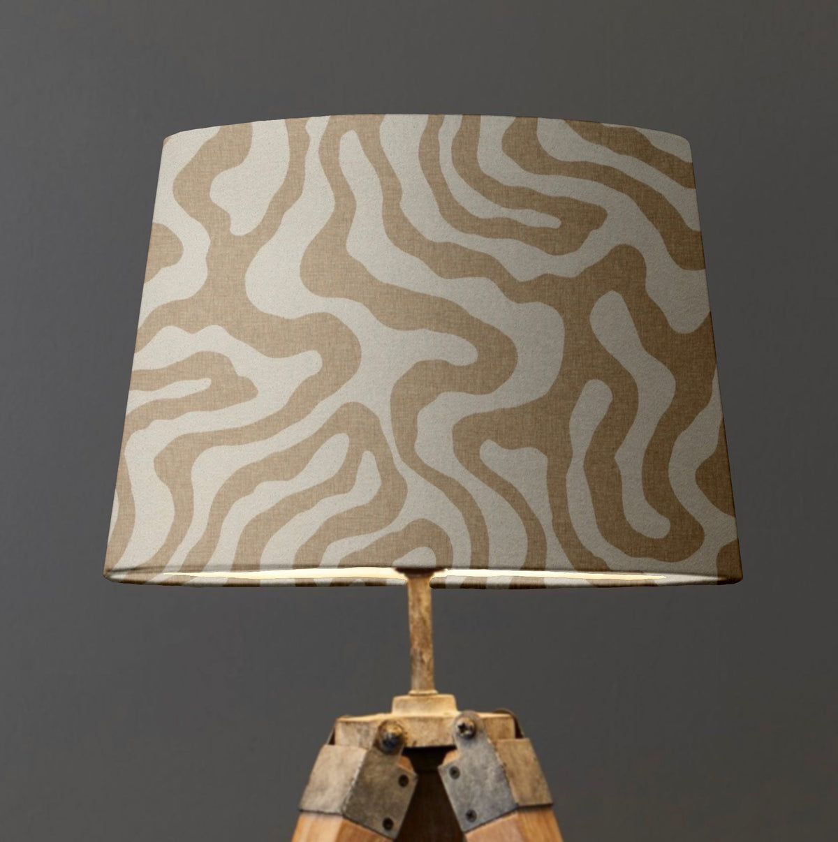 Beige and cream ecru wiggle french drum lampshade with textured fabric on rustic wooden tripod base from wiggle collection