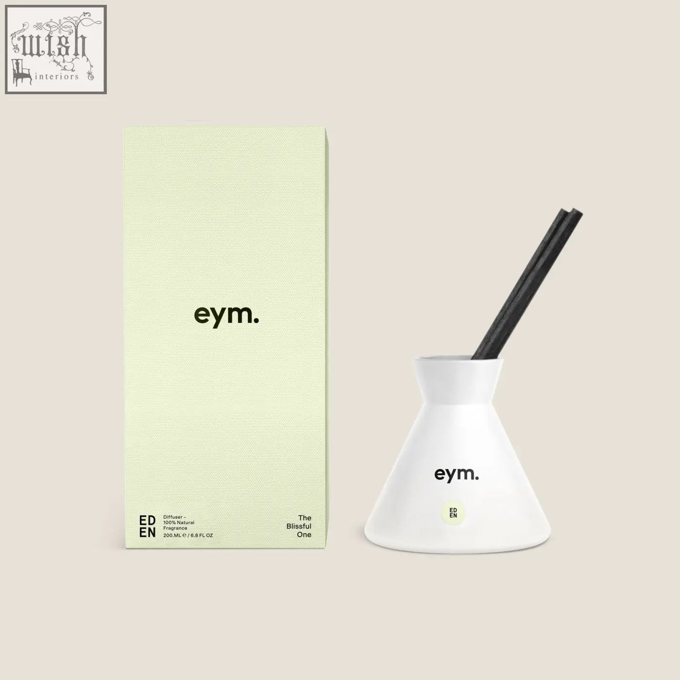 White ceramic diffuser with black reeds and minimalist eden branding perfect for freshening your space