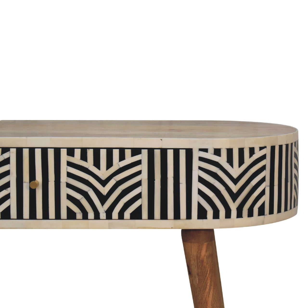 Edessa bone inlay console table with black and white bone inlay, single drawer, and mango wood legs