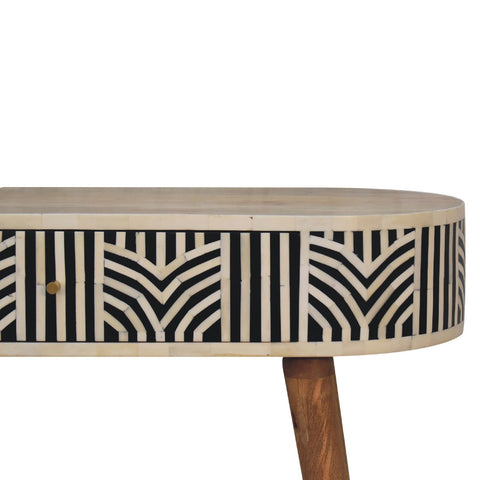 Edessa bone inlay console table with black and white bone inlay, single drawer, and mango wood legs