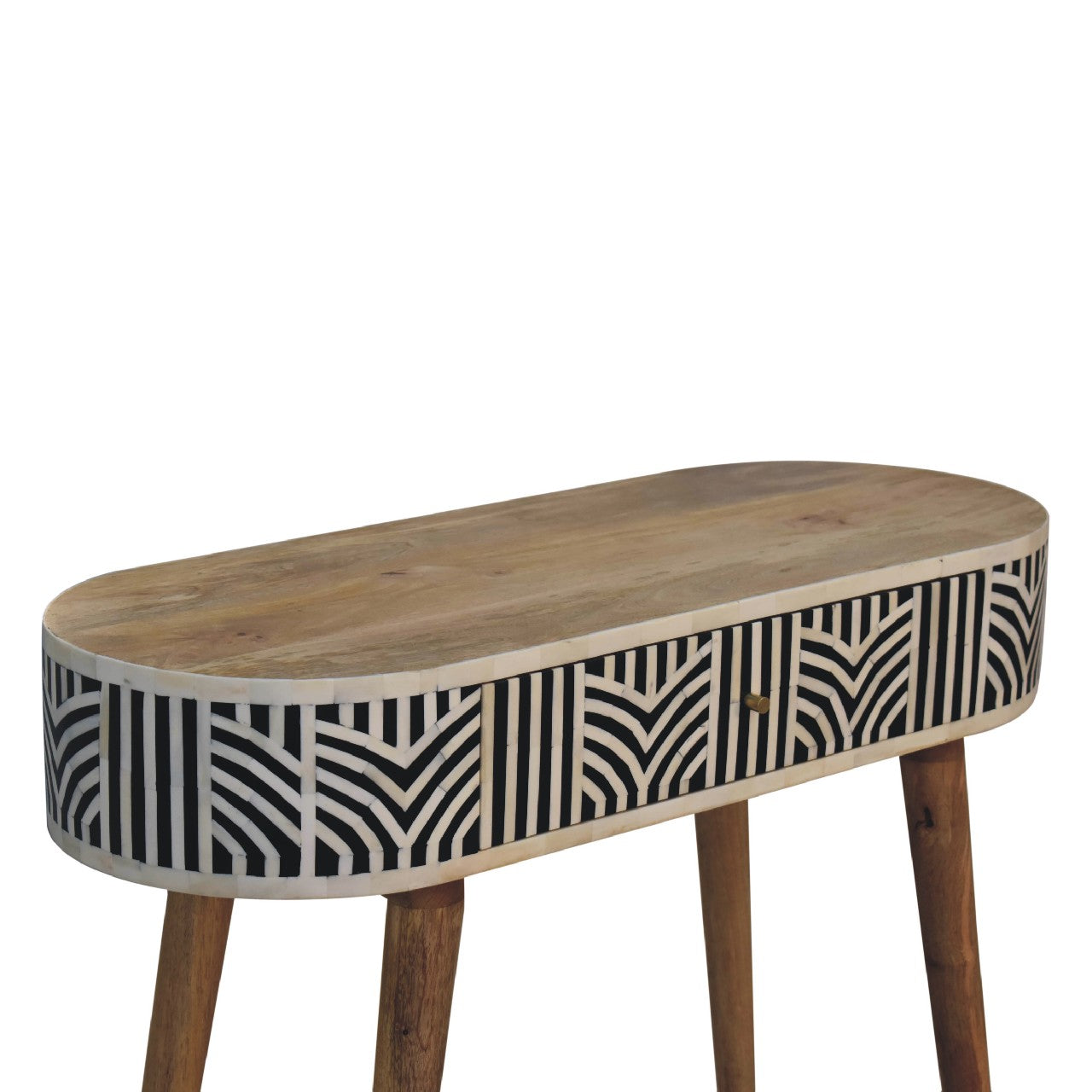 Edessa bone inlay console table with mango wood top and black and white geometric bone inlay sides and slender legs