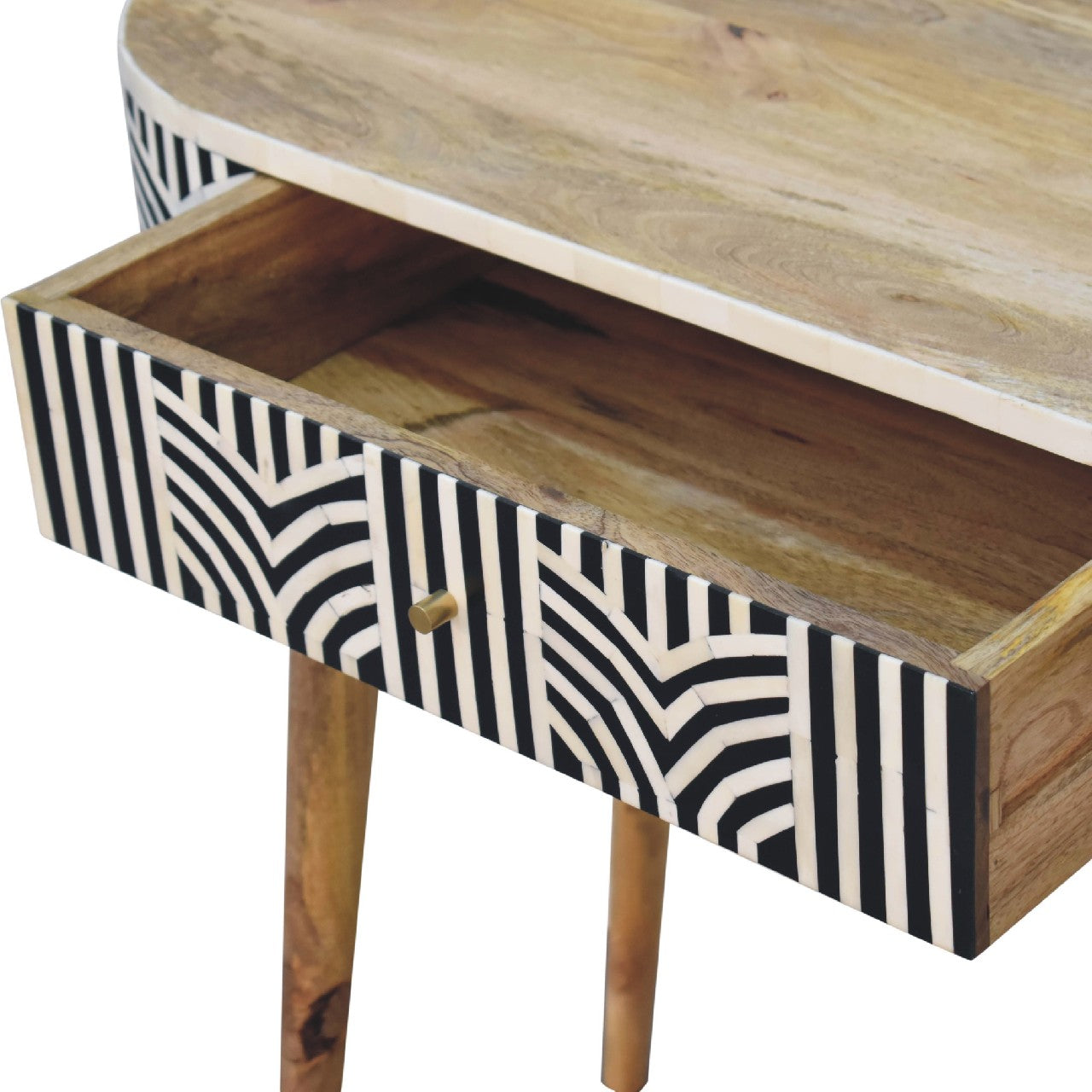Edessa bone inlay console table with mango wood, natural top, black and white geometric bone inlay drawer, tapered legs