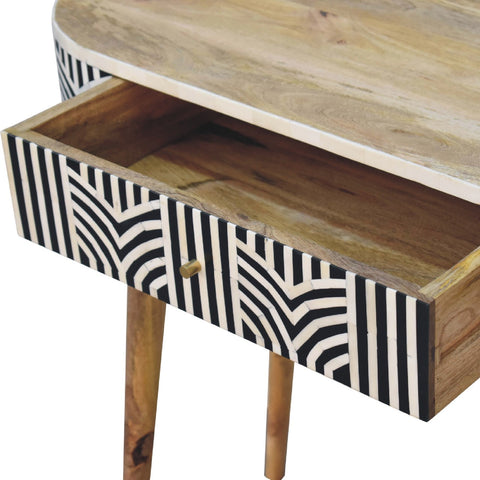Edessa bone inlay console table with mango wood, natural top, black and white geometric bone inlay drawer, tapered legs