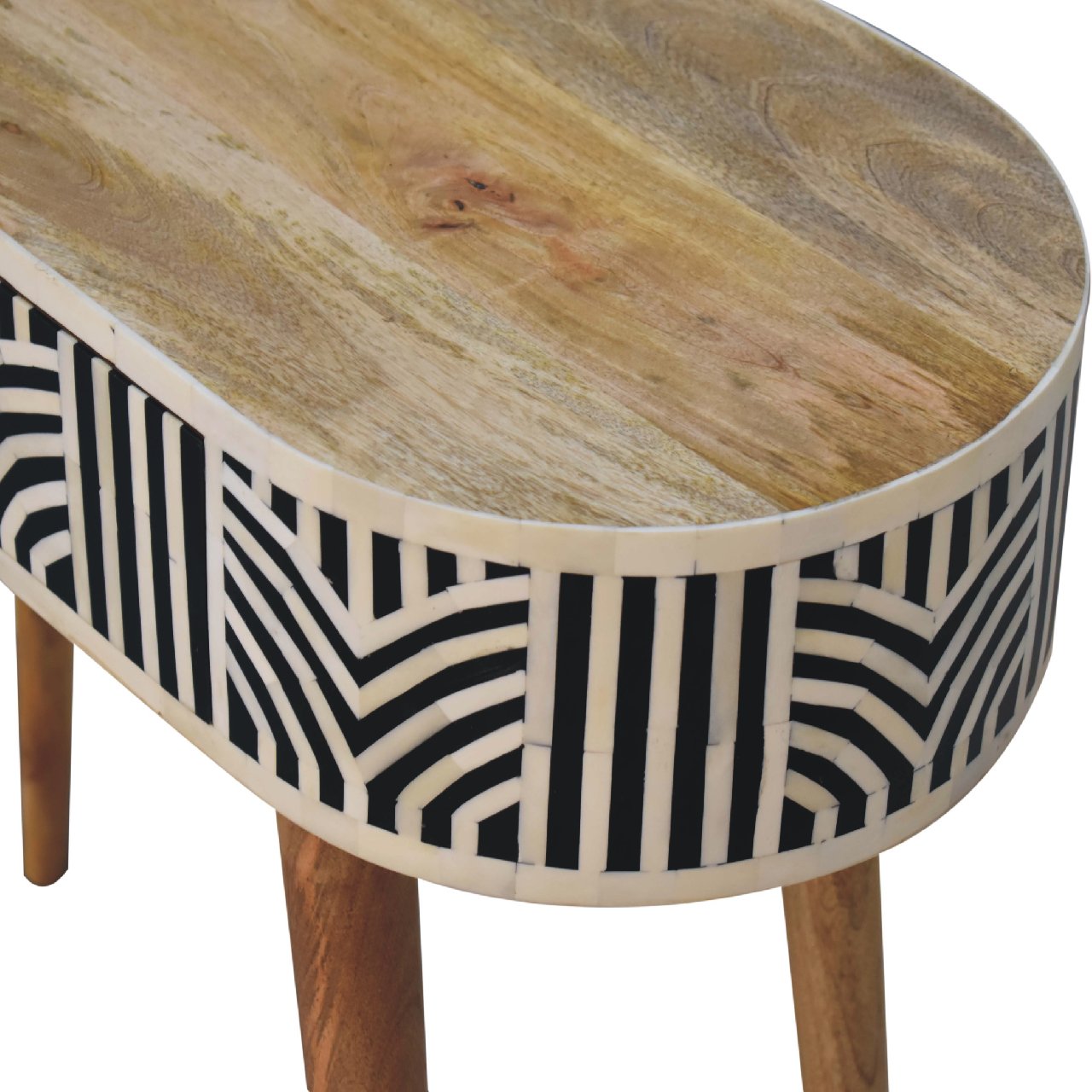 Oval console table with natural mango wood top and black-and-white bone inlay geometric sides supported by wooden legs