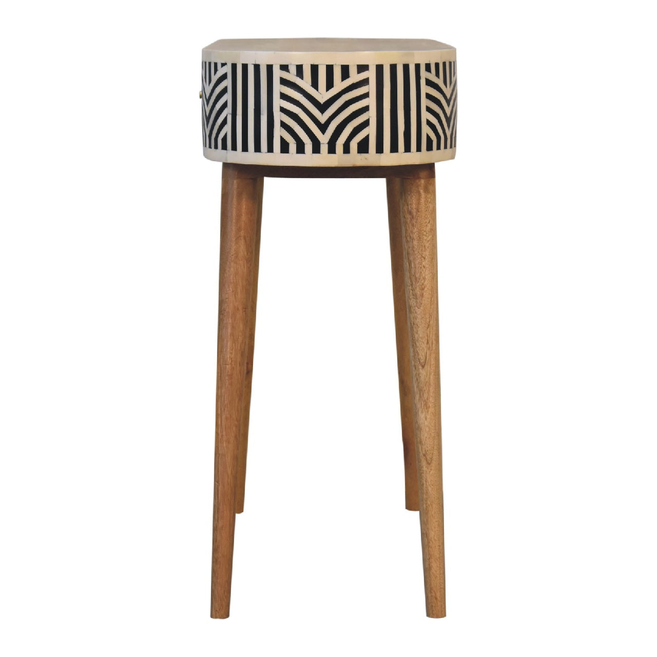Edessa bone inlay console table with cream round top black and white bone inlay drawer and mango wood legs