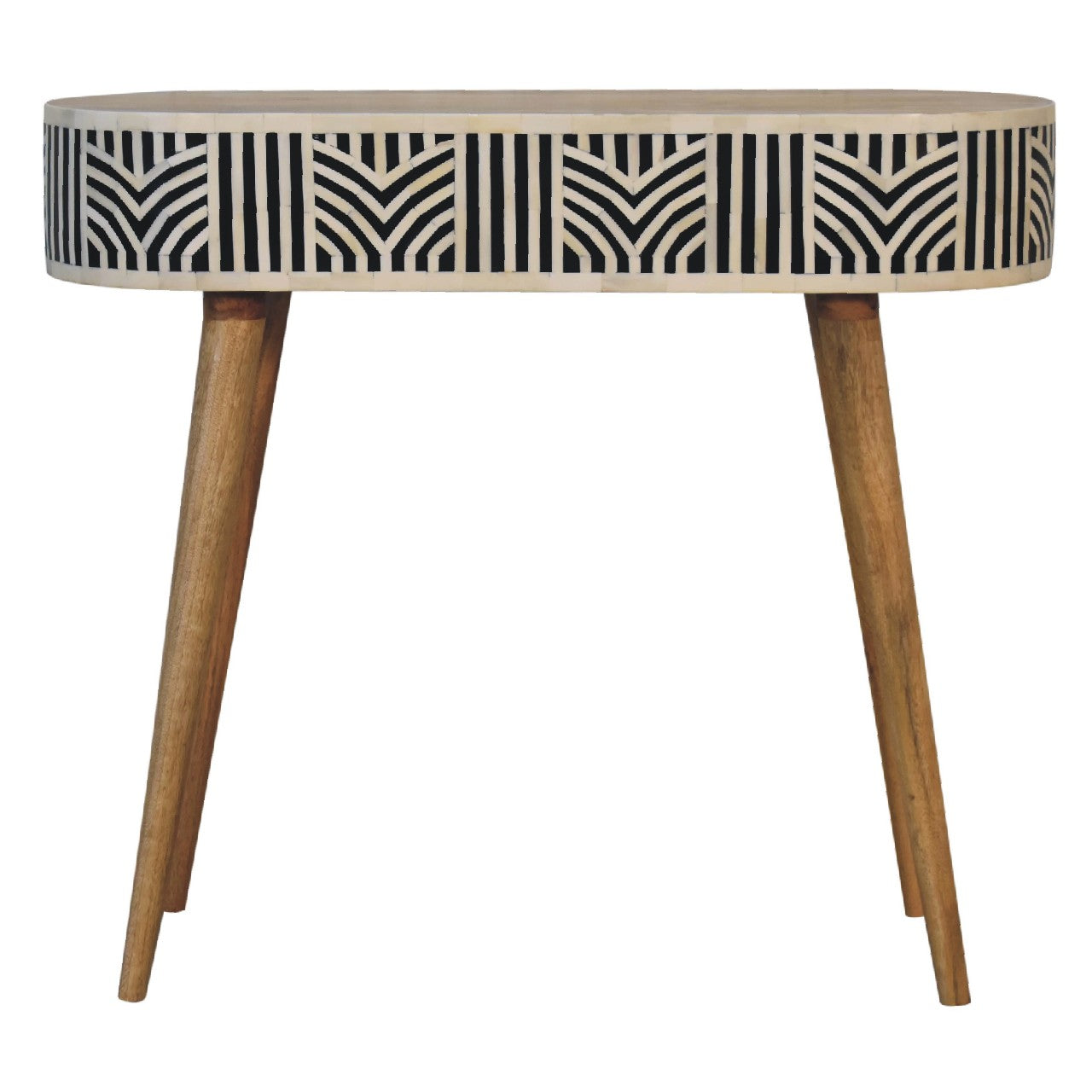 A sleek edessa bone inlay console table with black and white geometric pattern on mango wood legs