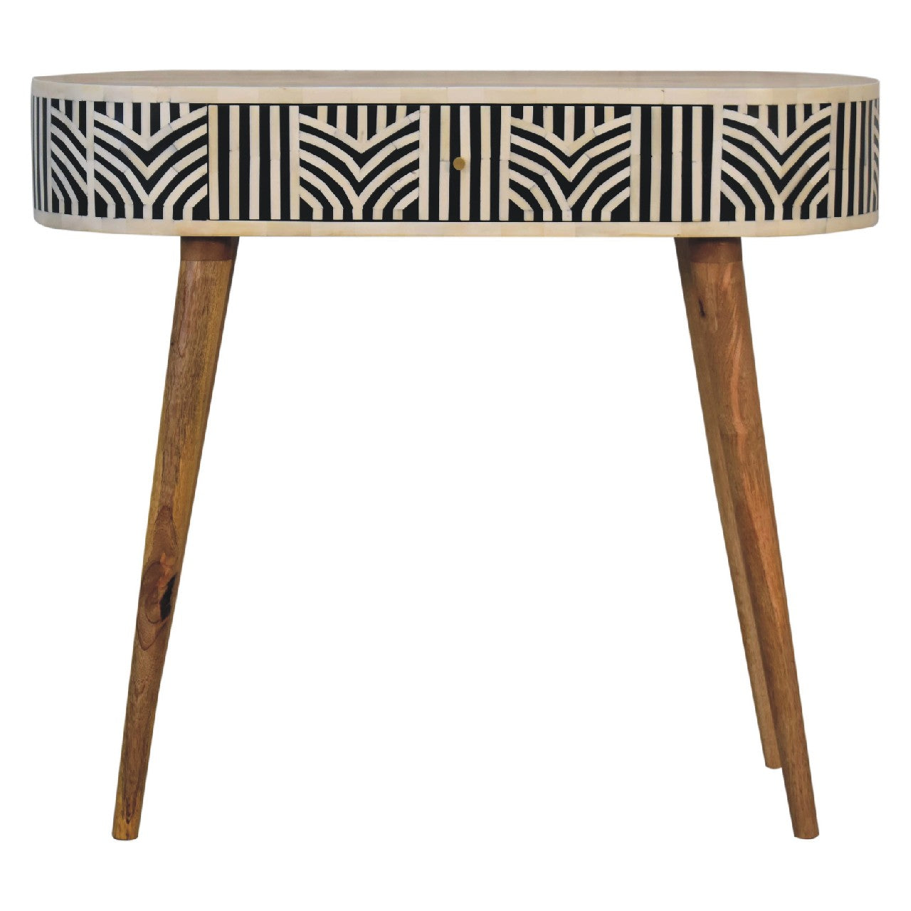 Edessa bone inlay console table features a sleek oval top with black and white geometric pattern and mango wood legs