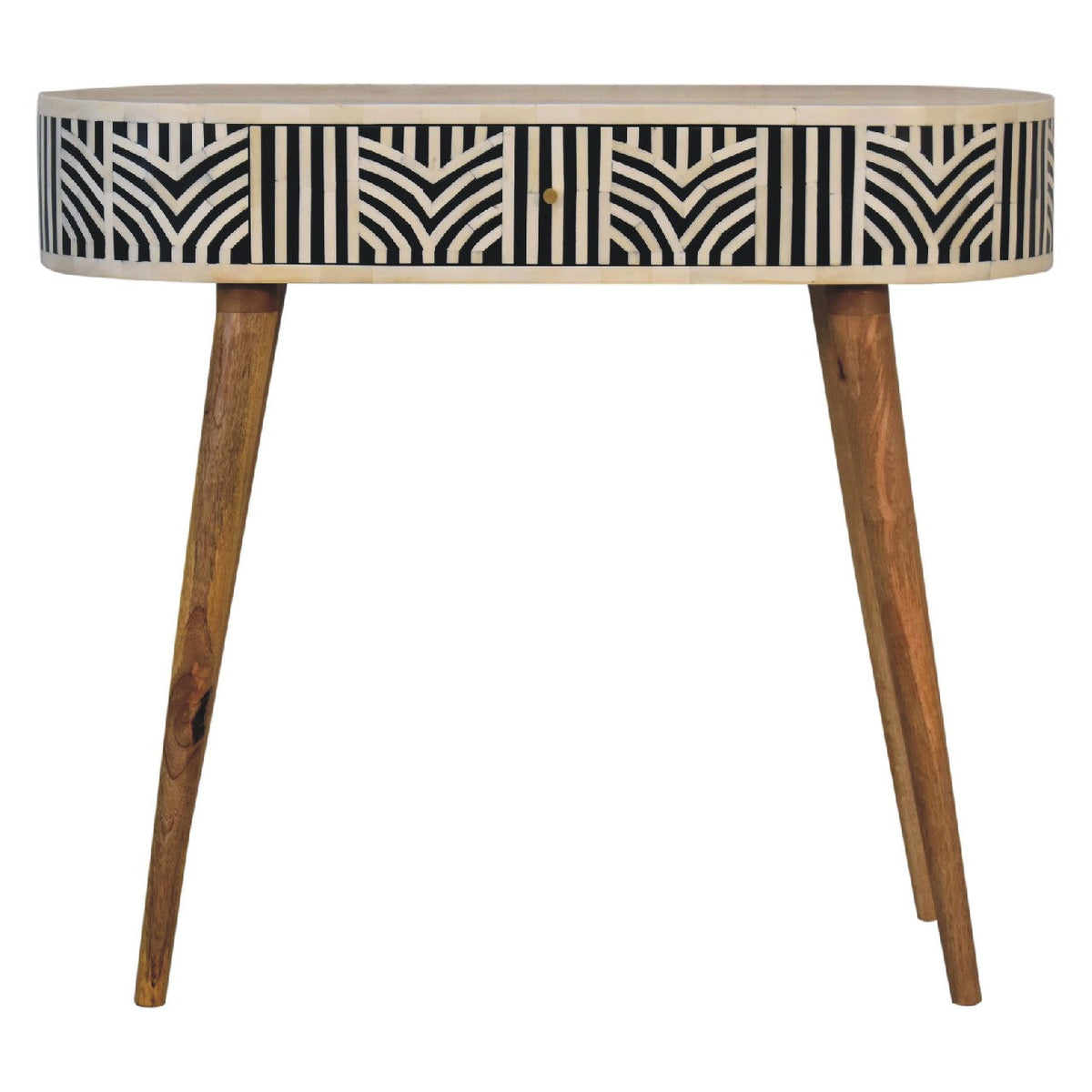 Edessa bone inlay console table features a sleek oval top with black and white geometric pattern and mango wood legs