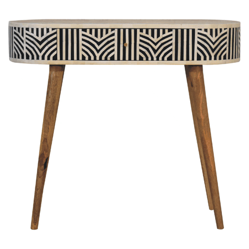 Edessa bone inlay console table with black and white geometric pattern on mango wood and slender legs
