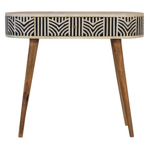 Edessa bone inlay console table with black and white geometric pattern on mango wood and slender legs