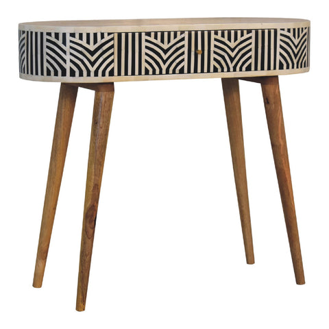 Edessa bone inlay console table with black and white geometric bone inlay top and mango wood tapered legs
