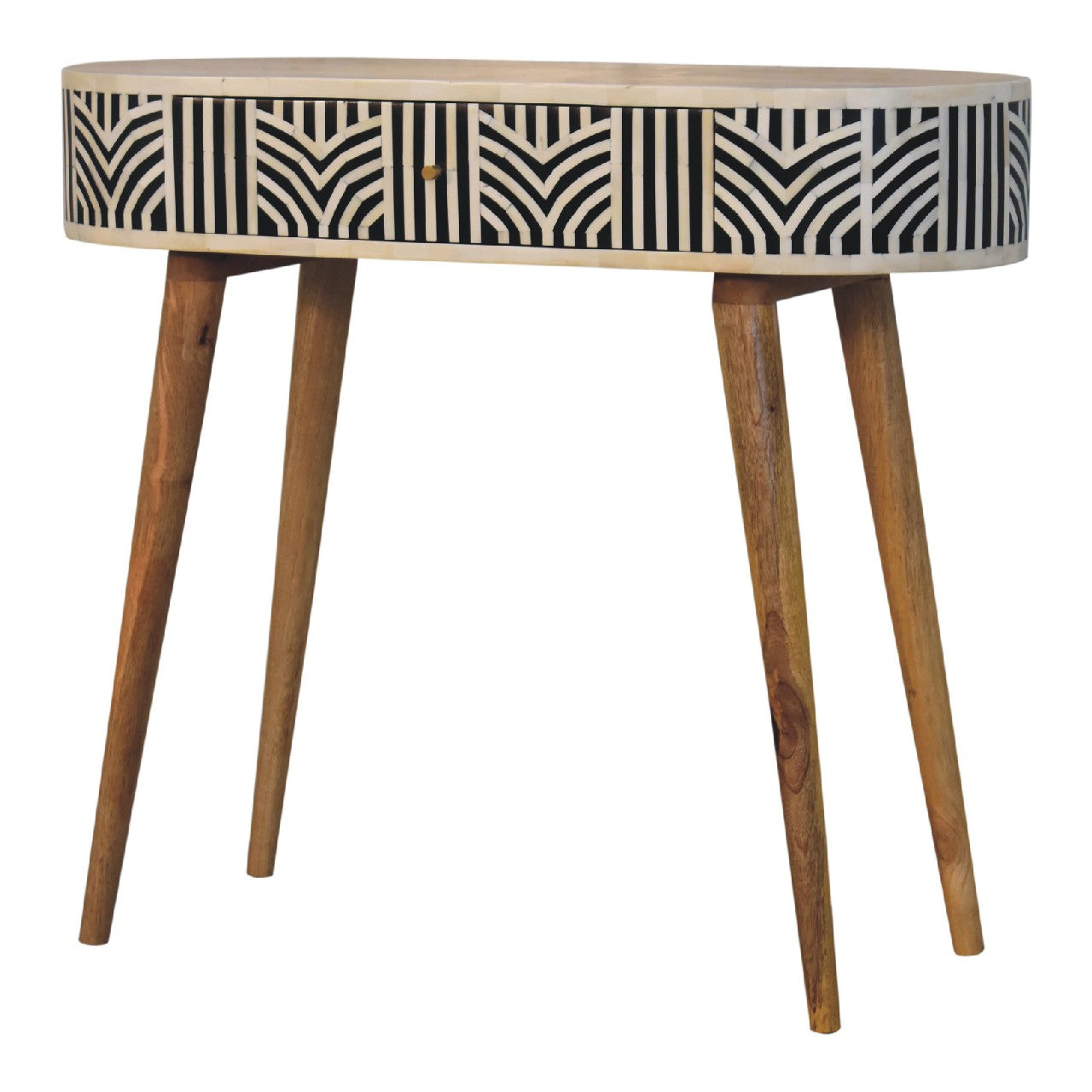 A sleek oval edessa bone inlay console table with black and white geometric top and mango wood legs