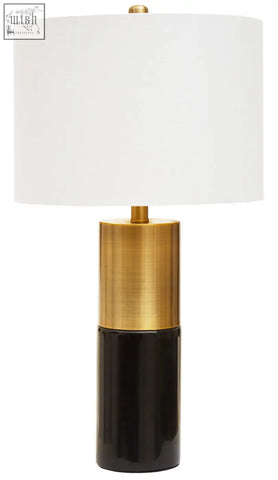 Modern edgar black marble and gold table lamp with sleek two-toned cylindrical base and white fabric shade