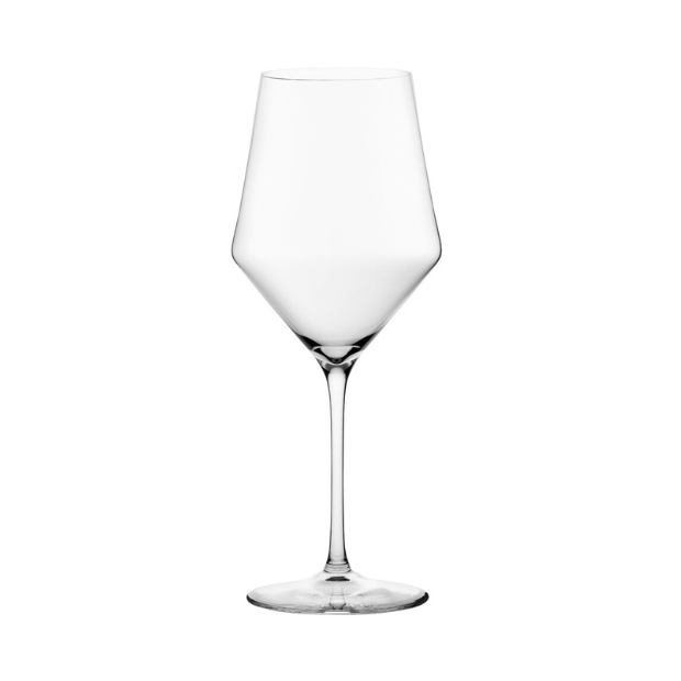 Clear modern edge red wine glass with sleek geometric bowl and slender stem perfect for red wine lovers