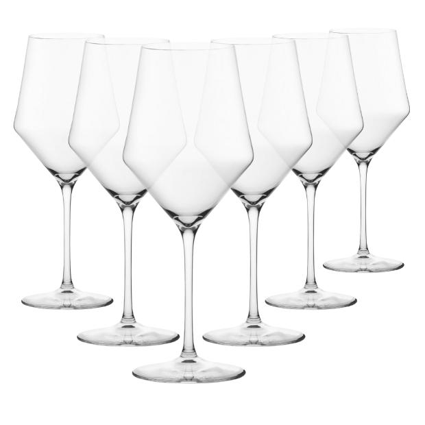 Set of six clear crystal edge red wine glasses with geometric faceted bowls and slim stems 520ml capacity
