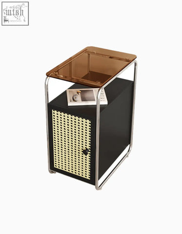 Black edison clear acrylic side table with amber glass top chrome frame and off-white woven rattan front panel