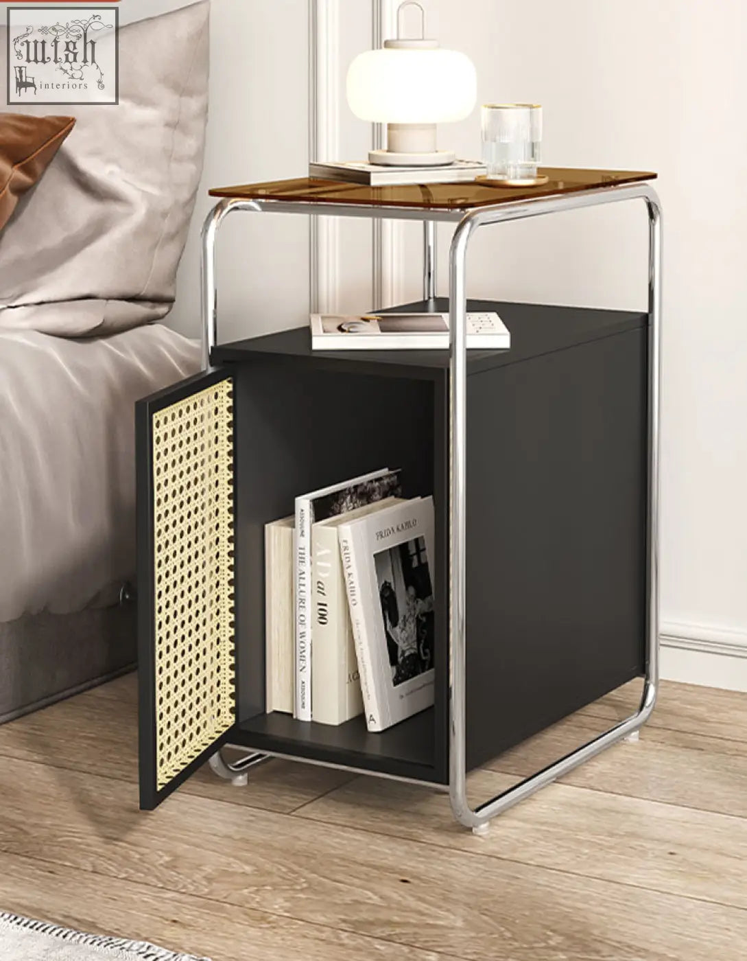 Black edison clear acrylic side table with chrome frame cane door and wooden top for stylish storage